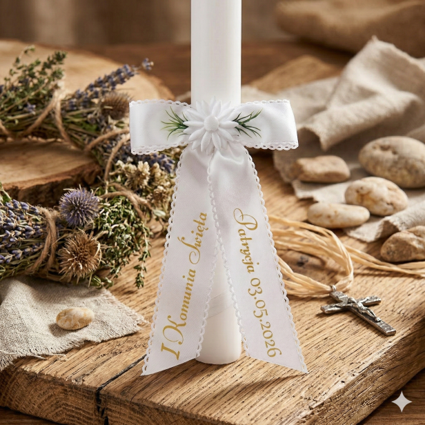 Kokarda na świecę z imieniem dziecka – personalizowana ozdoba na Komunię