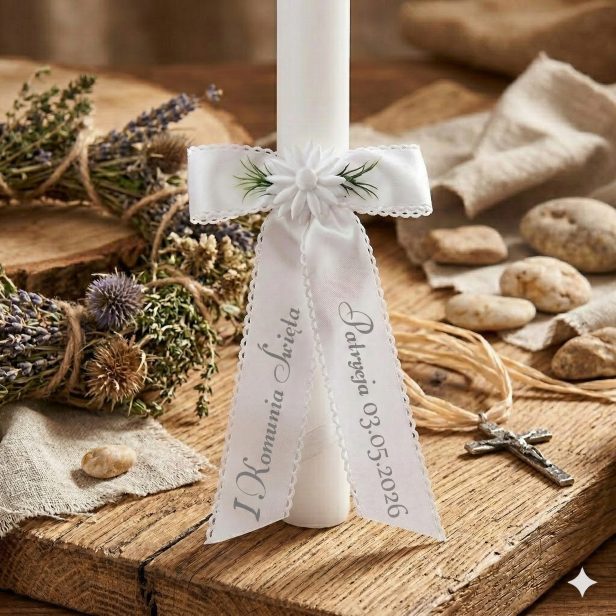 Kokarda na świecę z imieniem dziecka – personalizowana ozdoba na Komunię