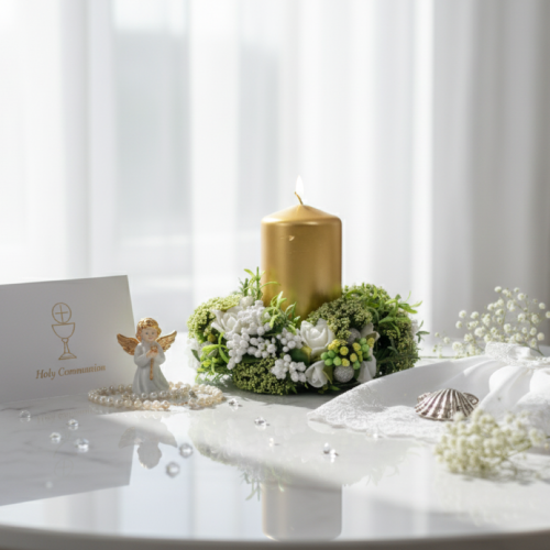 Złota świeca w stroiku – elegancka dekoracja stołu