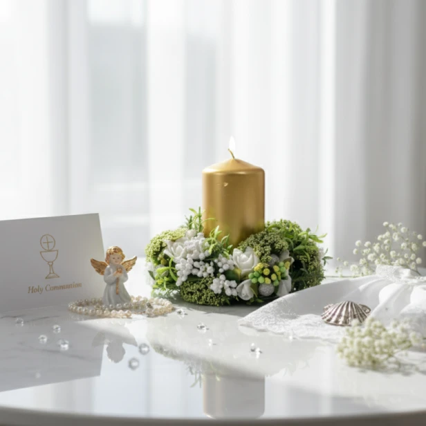Złota świeca w stroiku – elegancka dekoracja stołu