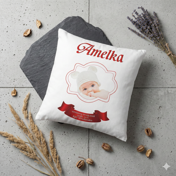 Poduszka imienna ze zdjęciem 40×40 – personalizowana pamiątka
