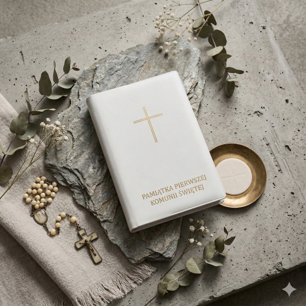 Etui komunijne na modlitewnik „Droga do Nieba” – biała okładka Pamiątka I Komunii
