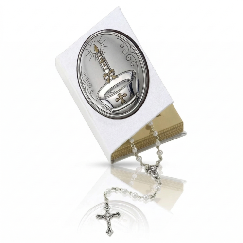 Pamiątka Chrztu Świętego – etui w formie Biblii z różańcem i srebrnym emblematem | SILVER BAPTISM™