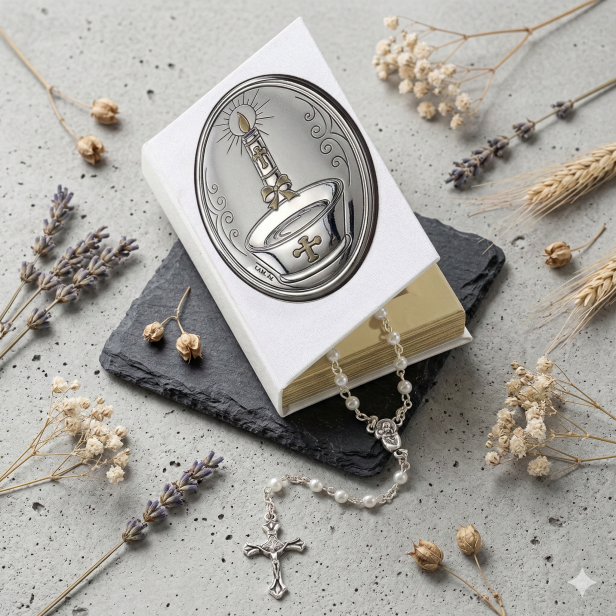 Pamiątka Chrztu Świętego – etui w formie Biblii z różańcem i srebrnym emblematem | SILVER BAPTISM™