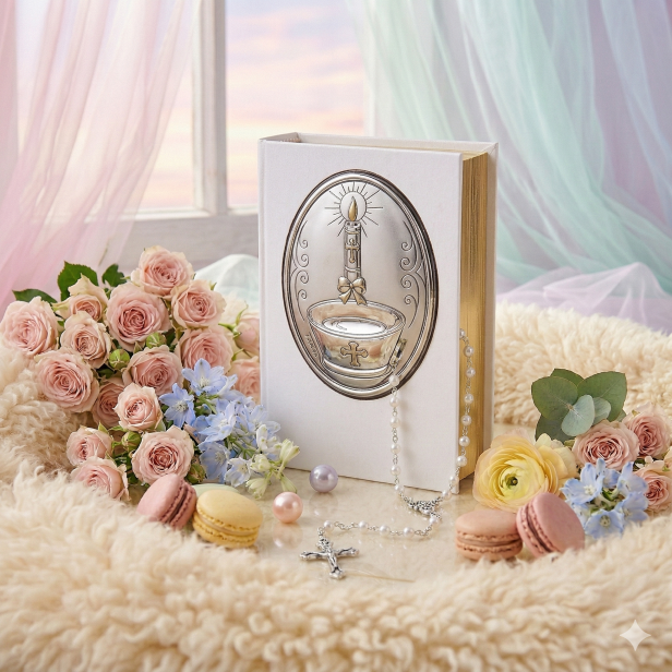 Pamiątka Chrztu Świętego – etui w formie Biblii z różańcem i srebrnym emblematem | SILVER BAPTISM™