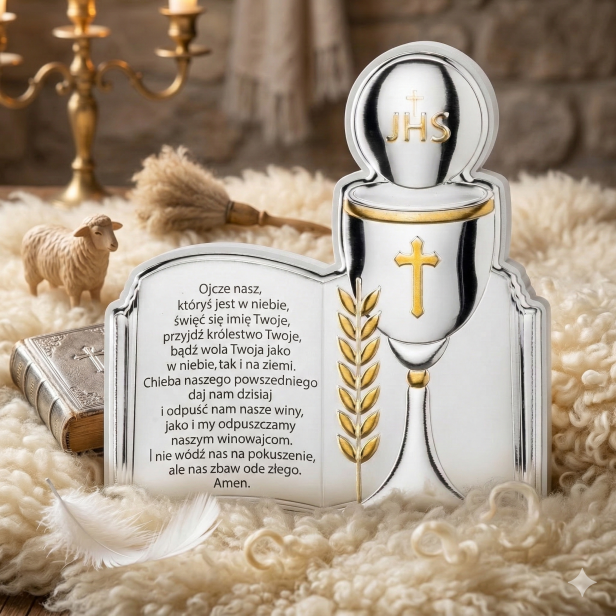 Obrazek srebrny I Komunia Święta 180×11 na panelu – IHS z modlitwą | SILVER COMMUNIO™