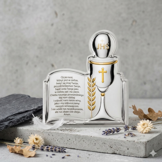 Obrazek srebrny I Komunia Święta 180×11 na panelu – IHS z modlitwą | SILVER COMMUNIO™