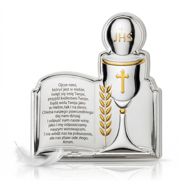 Obrazek srebrny I Komunia Święta 180×11 na panelu – IHS z modlitwą | SILVER COMMUNIO™