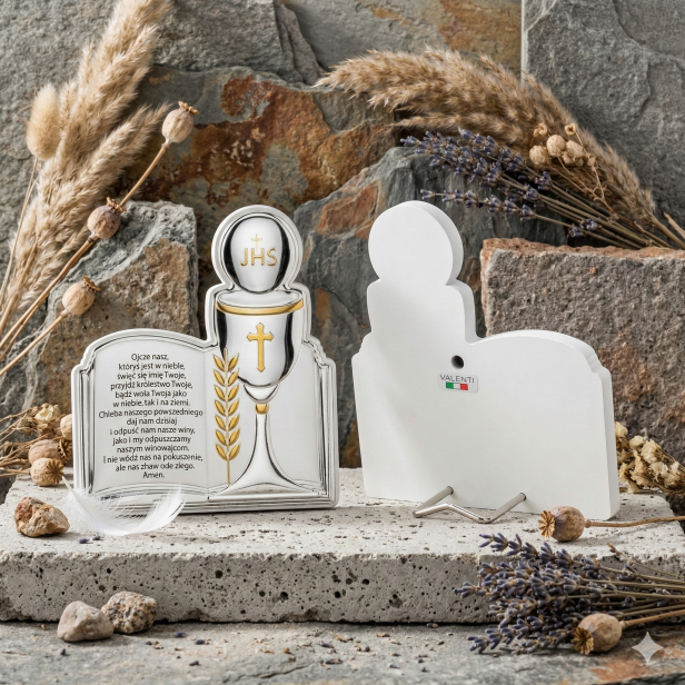 Obrazek srebrny I Komunia Święta 180×11 na panelu – IHS z modlitwą | SILVER COMMUNIO™