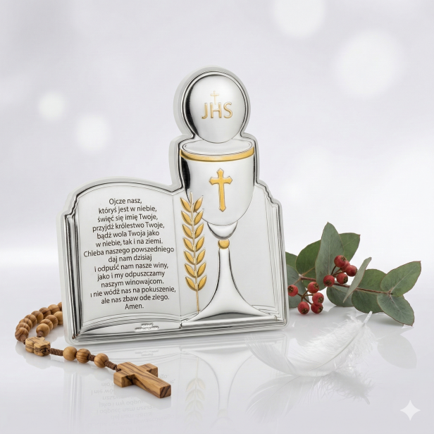 obrazek srebrny komunijny z grawerem – elegancka pamiątka I Komunii Świętej