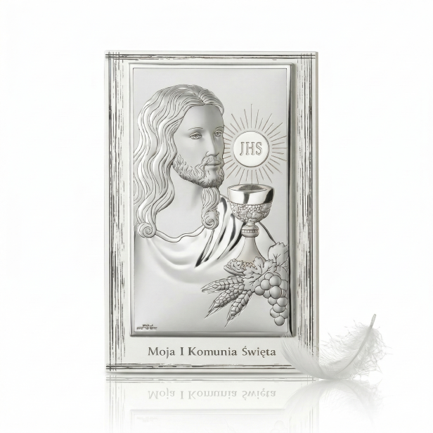 Obrazek srebrny „Moja I Komunia Święta” – Jezus Eucharystyczny 11×17 cm | SILVER COMMUNIO™