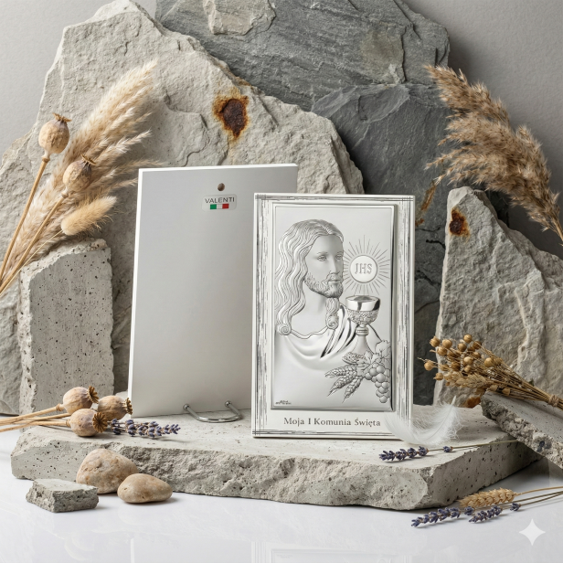 Obrazek srebrny „Moja I Komunia Święta” – Jezus Eucharystyczny 11×17 cm | SILVER COMMUNIO™