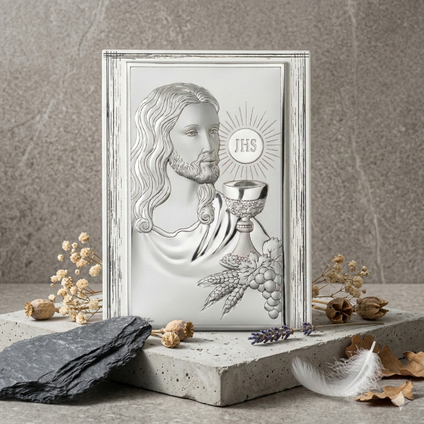 Obrazek srebrny „Moja I Komunia Święta” – Jezus Eucharystyczny 11×17 cm | SILVER COMMUNIO™