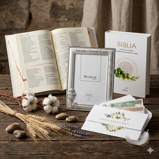 Zestaw komunijny z Biblią i srebrną ramką – personalizowana pamiątka I Komunii | SILVER COMMUNIO™