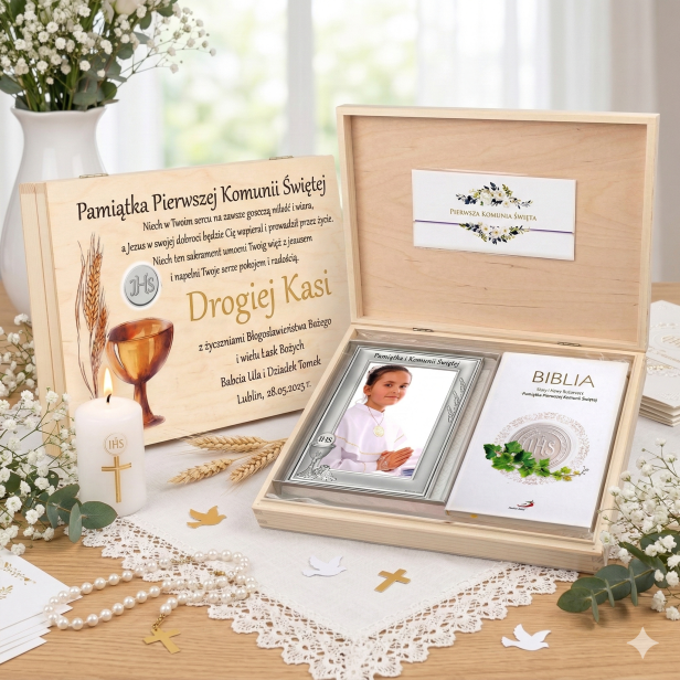 Zestaw komunijny z Biblią i srebrną ramką – personalizowana pamiątka I Komunii | SILVER COMMUNIO™