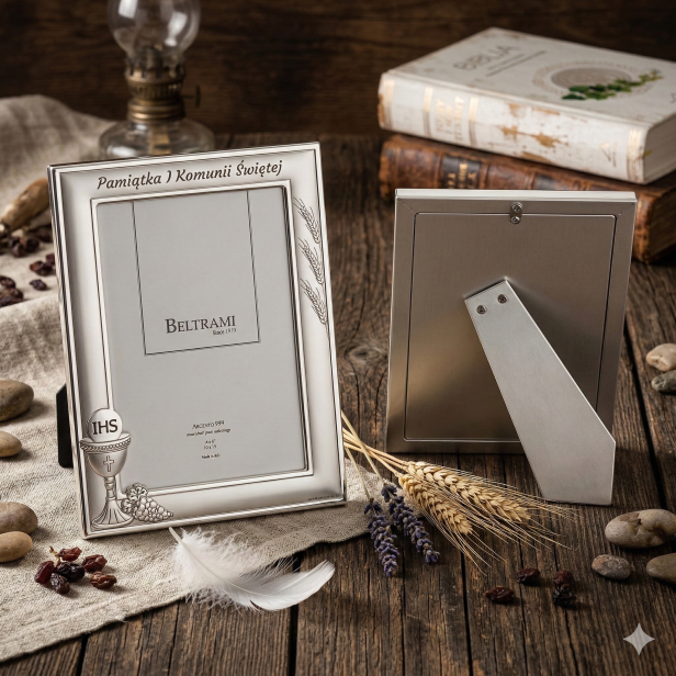 Zestaw komunijny z Biblią i srebrną ramką – personalizowana pamiątka I Komunii | SILVER COMMUNIO™