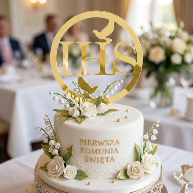 Topper komunijny IHS – złota dekoracja tortu na Komunię Świętą