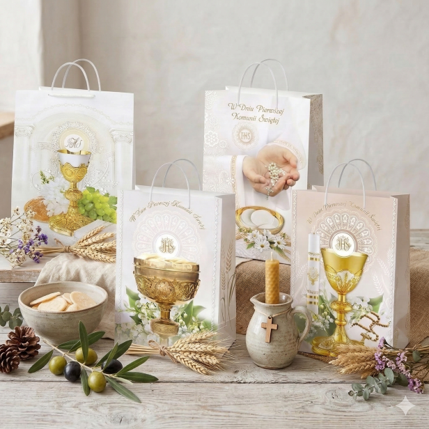 Torebka prezentowa A4 – Hostia i symbole Eucharystii I Komunia (4 wzory)