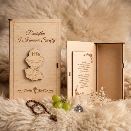 Drewniane pudełeczko komunijne z grawerem – pamiątka I Komunii Świętej