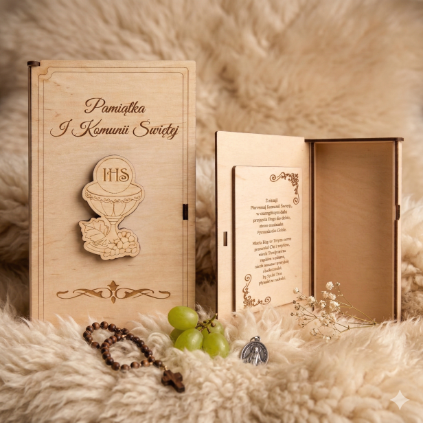 Drewniane pudełeczko komunijne z grawerem – pamiątka I Komunii Świętej