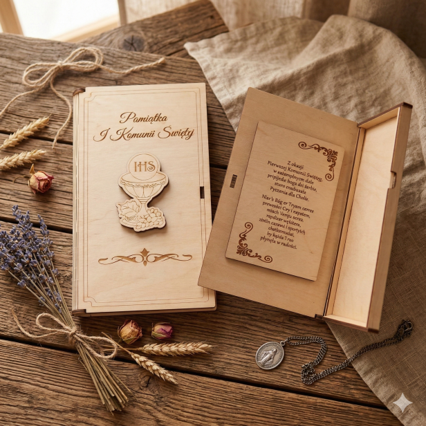 Drewniane pudełeczko komunijne z grawerem – pamiątka I Komunii Świętej