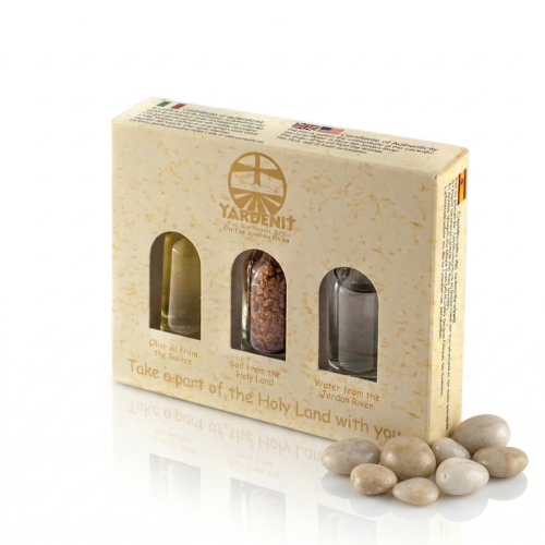 Zestaw pamiątek z Ziemi Świętej – woda z Jordanu, ziemia i oliwa z Galilei | Made in Israel™