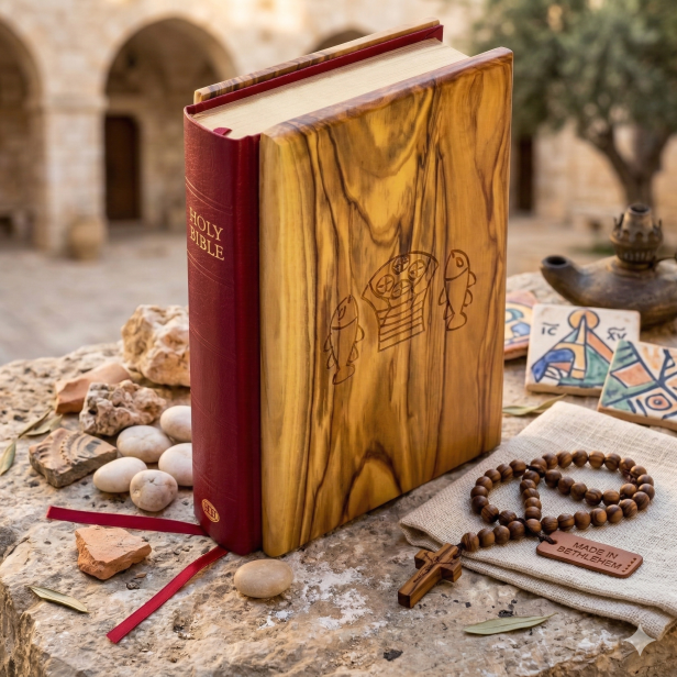 Biblia Jerozolimska (angielska) w oprawie z drzewa oliwnego – Ziemia Święta | Made in Israel™