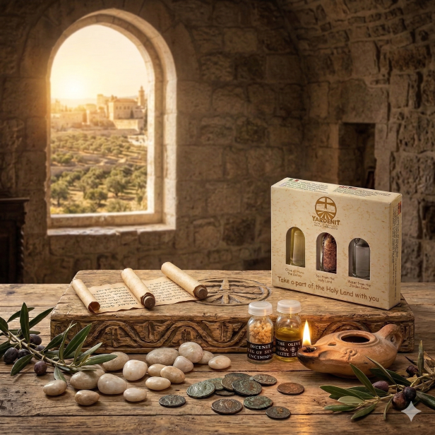 Zestaw pamiątek z Ziemi Świętej – woda z Jordanu, ziemia i oliwa z Galilei | Made in Israel™
