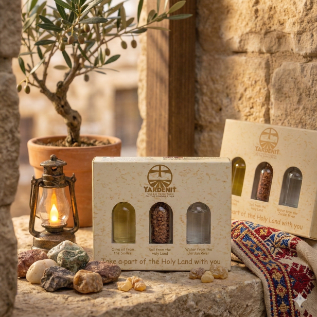 Zestaw pamiątek z Ziemi Świętej – woda z Jordanu, ziemia i oliwa z Galilei | Made in Israel™