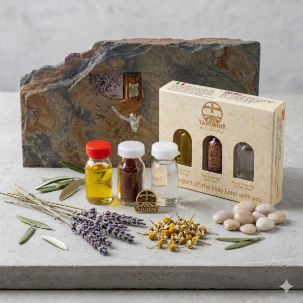 Zestaw pamiątek z Ziemi Świętej – woda z Jordanu, ziemia i oliwa z Galilei | Made in Israel™