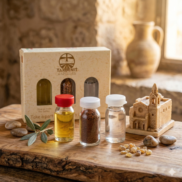 Zestaw pamiątek z Ziemi Świętej – woda z Jordanu, ziemia i oliwa z Galilei | Made in Israel™
