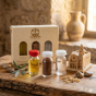 Zestaw pamiątek z Ziemi Świętej – woda z Jordanu, ziemia i oliwa z Galilei | Made in Israel™