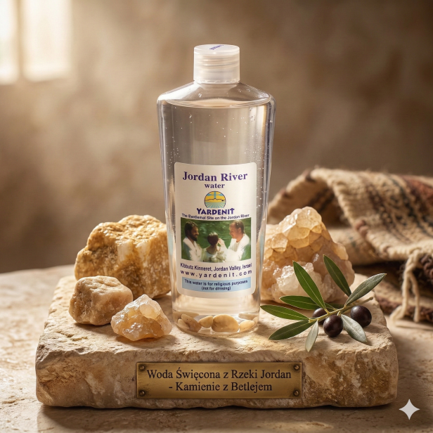 Woda święcona z rzeki Jordan z kamieniami z Betlejem – 250 ml | Made in Israel™