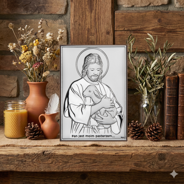 Obrazek srebrny „Pan jest moim Pasterzem” – Chrystus Dobry Pasterz 20×15 cm | ARGENTO SACRO™