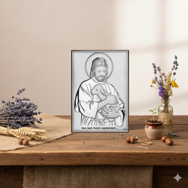 Obrazek srebrny „Pan jest moim Pasterzem” – Chrystus Dobry Pasterz 20×15 cm | ARGENTO SACRO™