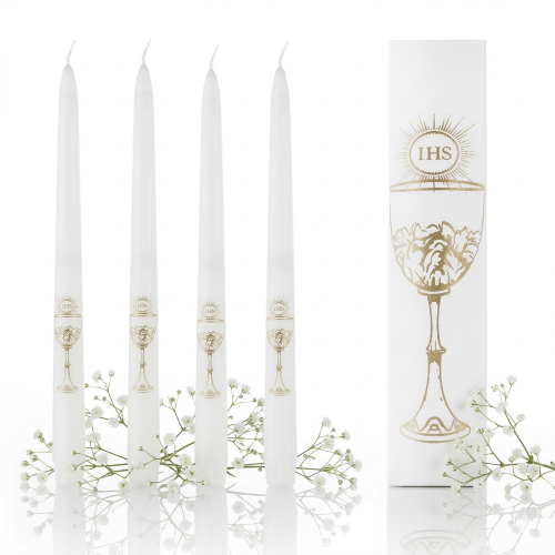 Świeczki stołowe komunijne BIAŁE – motyw kielicha (4 szt.) | Dekoracja I Komunii