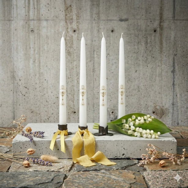 Świeczki stołowe komunijne BIAŁE – motyw kielicha (4 szt.) | Dekoracja I Komunii