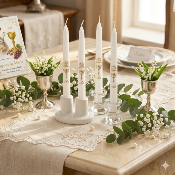 Świeczki stołowe komunijne BIAŁE – motyw kielicha (4 szt.) | Dekoracja I Komunii