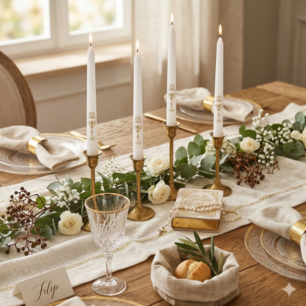 Świeczki stołowe komunijne BIAŁE – motyw kielicha (4 szt.) | Dekoracja I Komunii