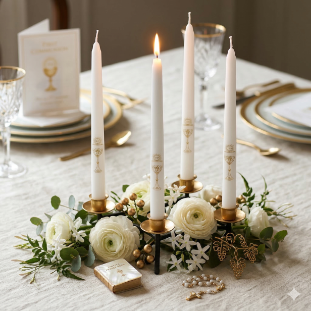 Świeczki stołowe komunijne BIAŁE – motyw kielicha (4 szt.) | Dekoracja I Komunii