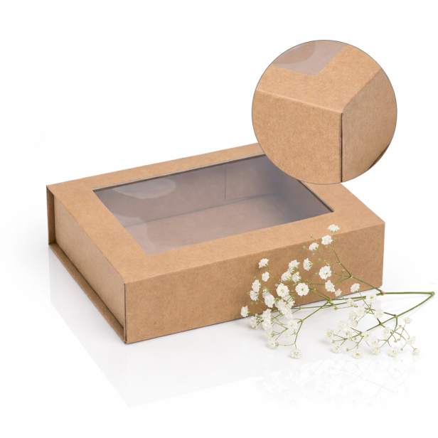 Pudełko magnetyczne B6 kraft z okienkiem 20×15×5,5 cm – pudełko prezentowe | MAGNETIC BOX™