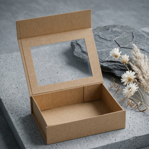 Pudełko magnetyczne B6 kraft z okienkiem 20×15×5,5 cm – pudełko prezentowe | MAGNETIC BOX™