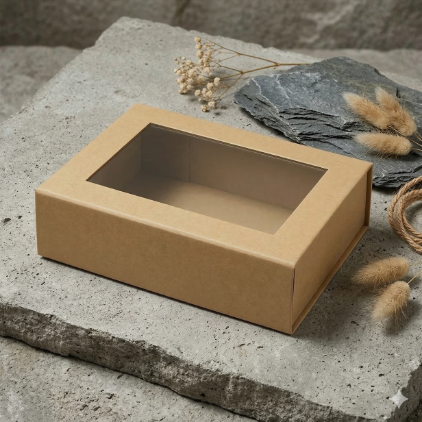 Pudełko magnetyczne B6 kraft z okienkiem 20×15×5,5 cm – pudełko prezentowe | MAGNETIC BOX™