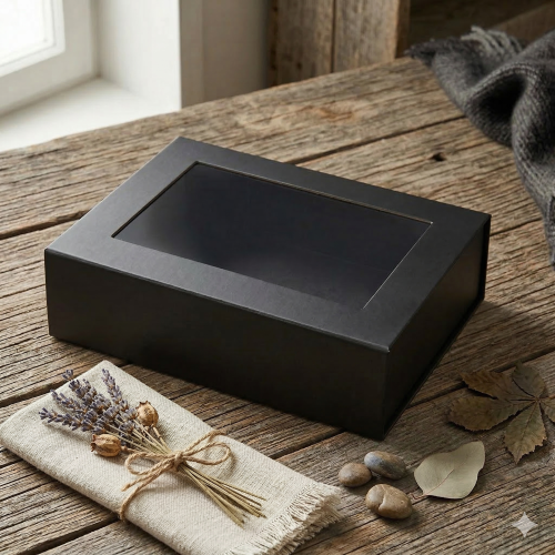 Pudełko magnetyczne B6 czarne z okienkiem 20×15×5,5 cm – pudełko prezentowe | MAGNETIC BOX™