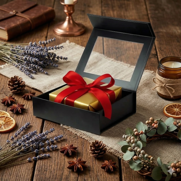 Pudełko magnetyczne B6 czarne z okienkiem 20×15×5,5 cm – pudełko prezentowe | MAGNETIC BOX™