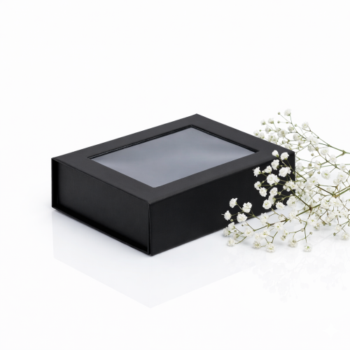 Pudełko magnetyczne B6 czarne z okienkiem 20×15×5,5 cm – pudełko prezentowe | MAGNETIC BOX™