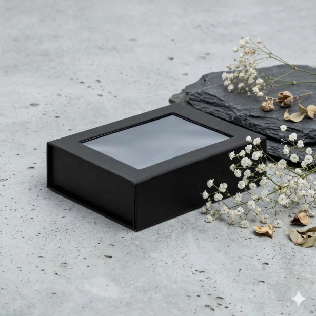 Pudełko magnetyczne B6 czarne z okienkiem 20×15×5,5 cm – pudełko prezentowe | MAGNETIC BOX™