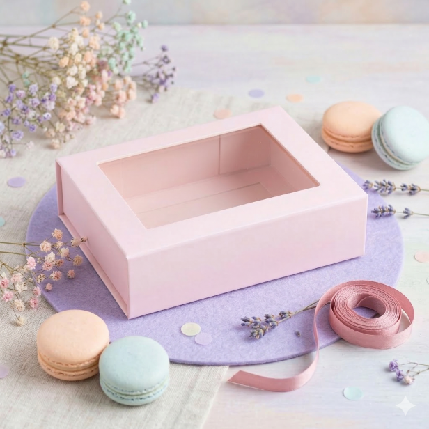 Pudełko magnetyczne B6 różowe z okienkiem 20×15×5,5 cm – pudełko prezentowe | MAGNETIC BOX™