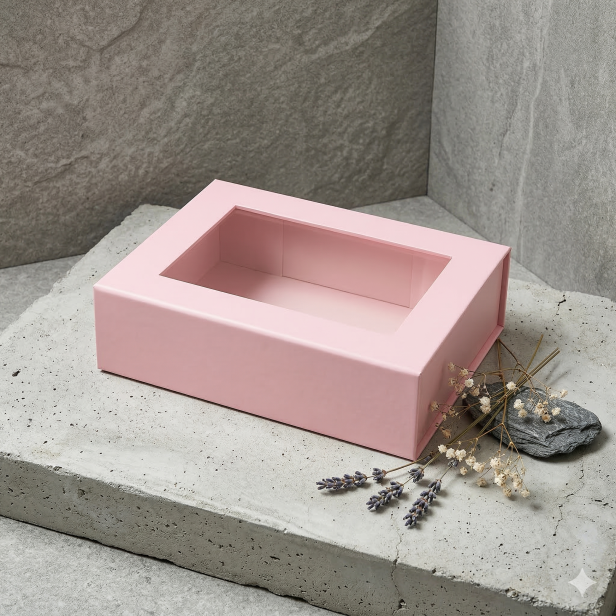 Pudełko magnetyczne B6 różowe z okienkiem 20×15×5,5 cm – pudełko prezentowe | MAGNETIC BOX™