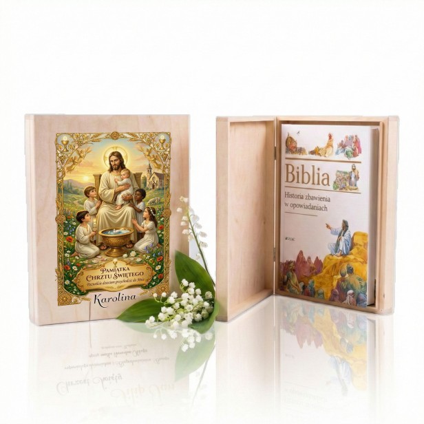 Biblia w drewnianym pudełku XL z nadrukiem Ink-Jet – Pamiątka Chrztu Świętego